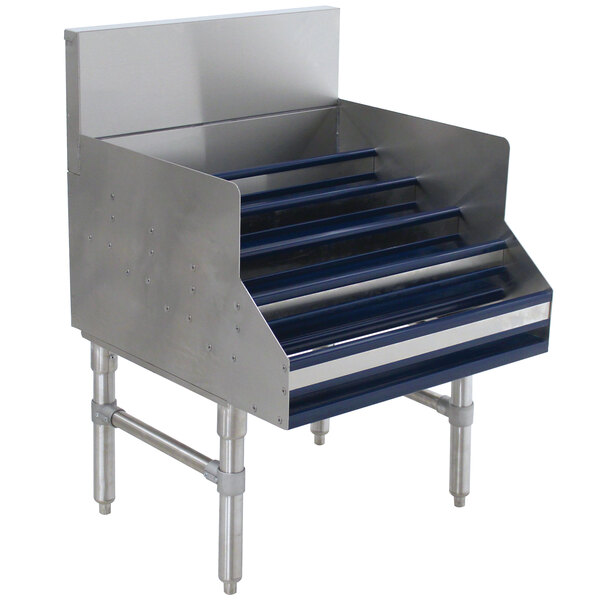 An Advance Tabco stainless steel liquor display rack with five tiers.