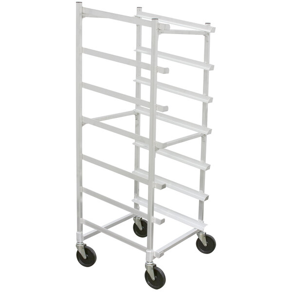 A white metal DoughXpress dough ball cart with five shelves on black wheels.