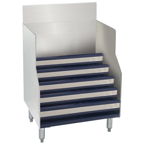 An Advance Tabco stainless steel liquor display cabinet with blue metal shelves.