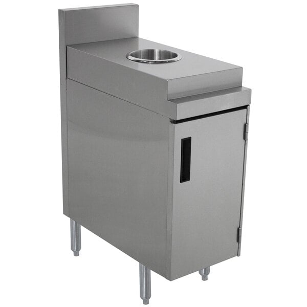 A stainless steel rectangular trash receptacle cabinet with a hole in the middle for a sink.