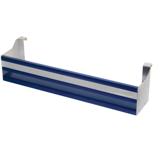 A blue and silver stainless steel speed rail shelf with three tiers hanging on a long metal bar.