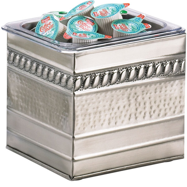 A silver Cal-Mil stainless steel ice housing container with a clear pan inside.