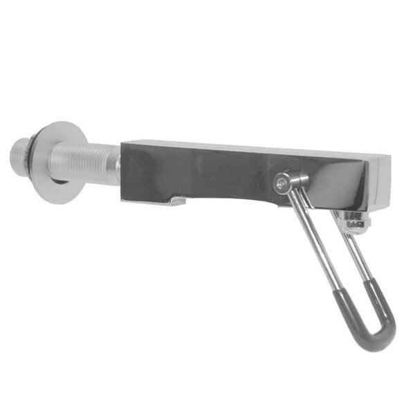 A metal Wall Mount for a glass filler with a black handle.