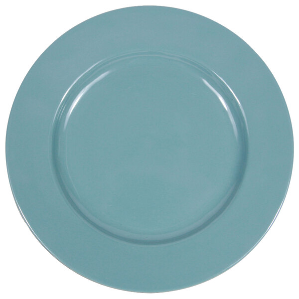 A clear plate with a blue background and a white rim.