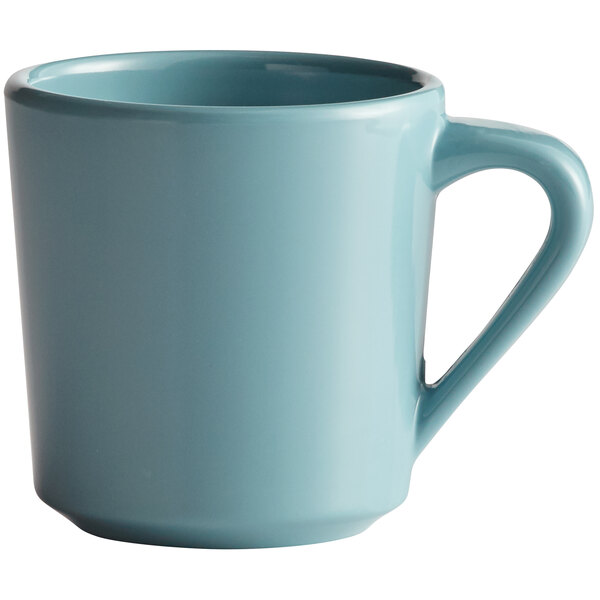 An Elite Global Solutions California Cameo blue melamine mug with a handle.
