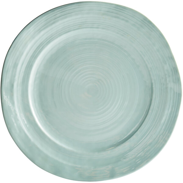 A close up of a mint green Elite Global Solutions Della Terra melamine plate with a spiral design.