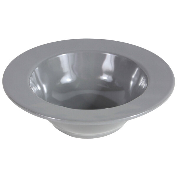 A gray bowl with a white rim.