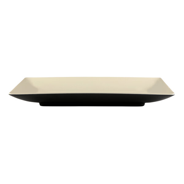 A white rectangular melamine plate with a black border.