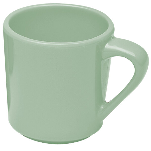 A close-up of a green Elite Global Solutions melamine mug with a handle.