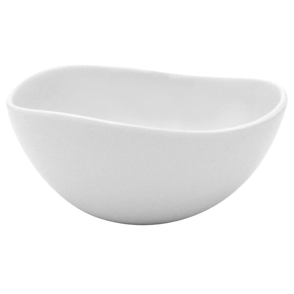 A white Elite Global Solutions melamine bowl with a curved edge.