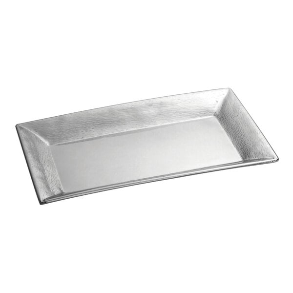 A Tablecraft stainless steel rectangular tray.