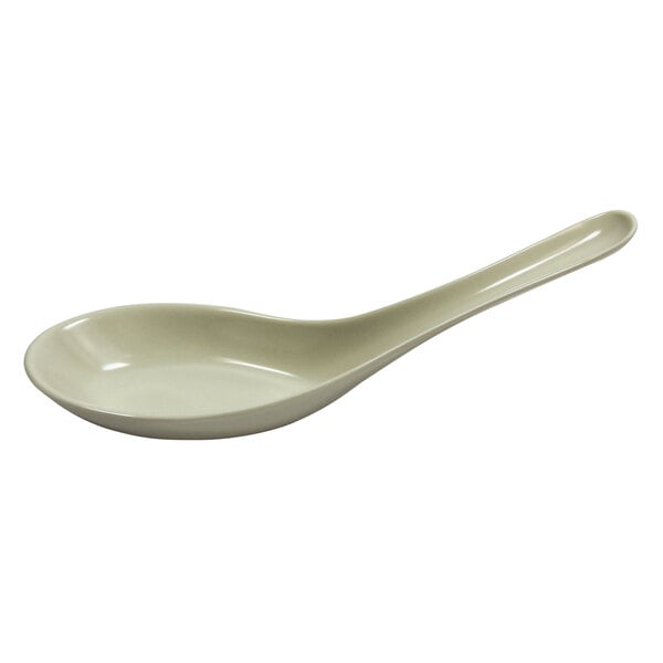 A white Elite Global Solutions soup spoon with a long handle.