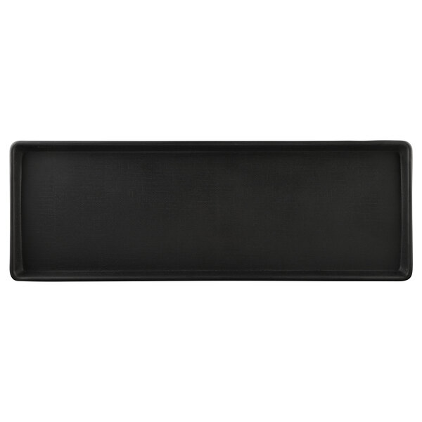A black rectangular Elite Global Solutions melamine tray with a handle.