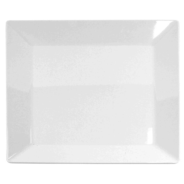 A white square melamine serving platter with a plain edge.