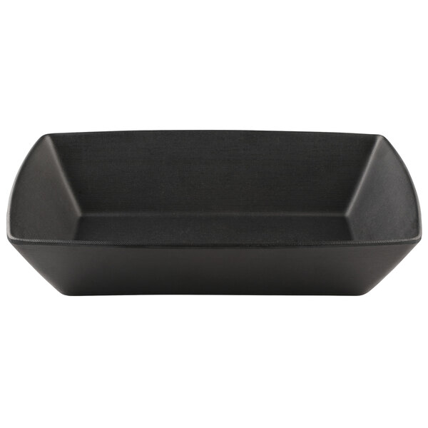 A black rectangular Elite Global Solutions melamine bowl with curved edges.