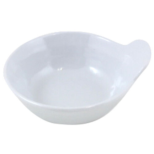A white Elite Global Solutions melamine bowl with a lip.