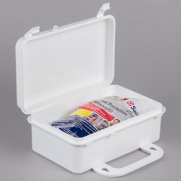 A white plastic first aid kit container with a small bag inside.