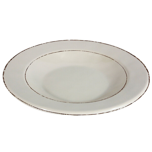 A white melamine pasta/soup bowl with brown double-line trim.