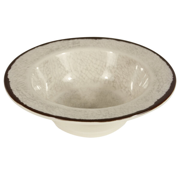 A white Elite Global Solutions melamine bowl with a brown rim.