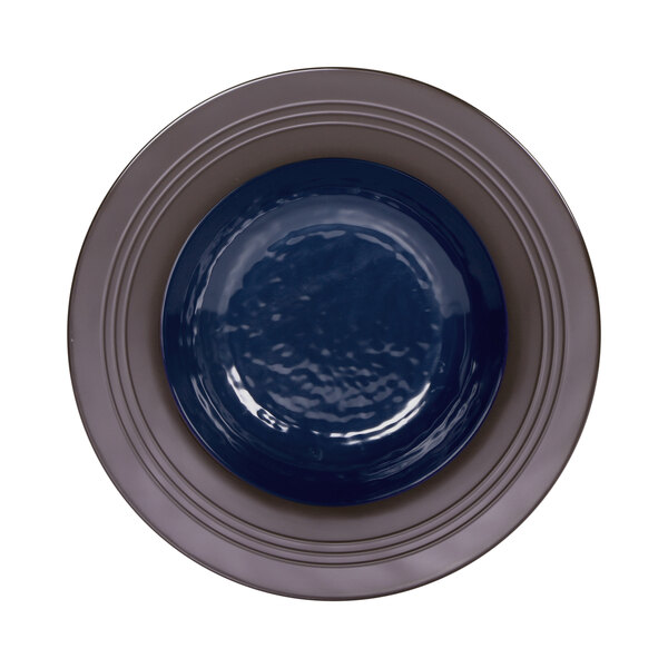 A blue and brown two-tone bowl with a rim on a white background.