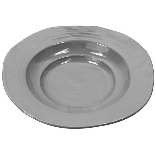 A gray melamine serving bowl with a rim.