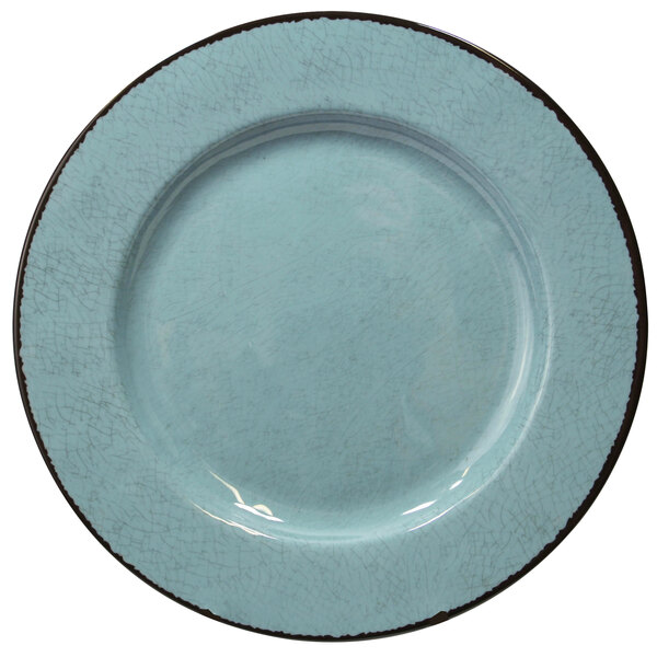 A blue Elite Global Solutions melamine plate with a black rim.