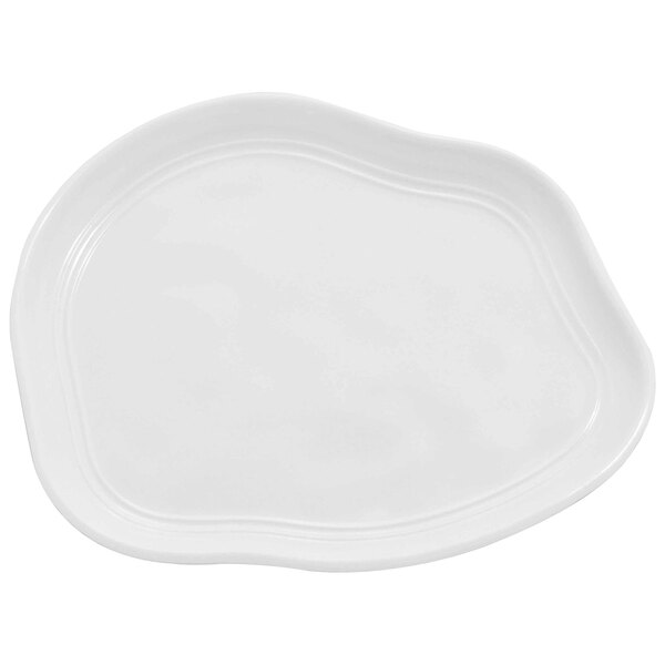 A white Elite Global Solutions melamine plate with a curved edge.
