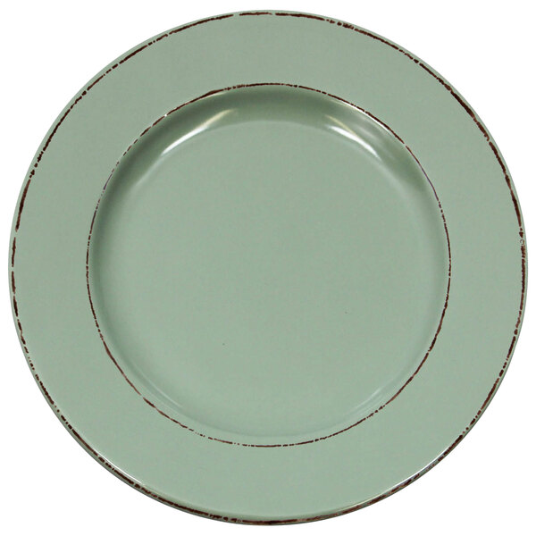 A white melamine plate with a brown rim and a red double-line border.