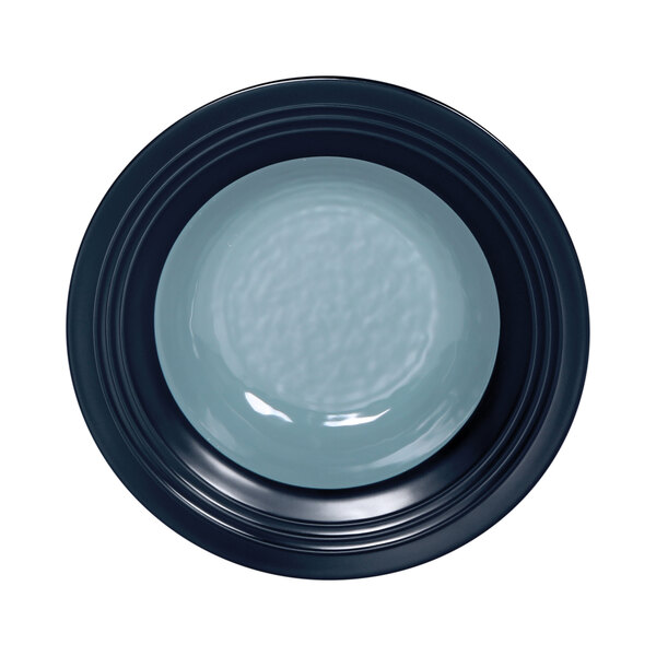A black and blue Elite Global Solutions Durango melamine bowl with a black rim.