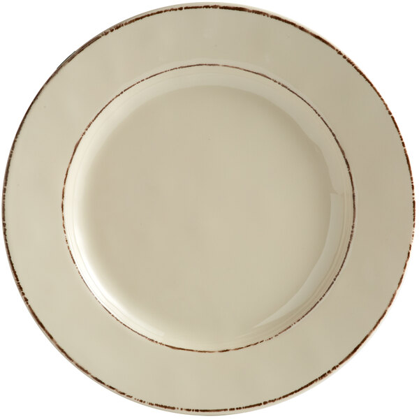 An Elite Global Solutions round melamine plate with a white center and brown rim.