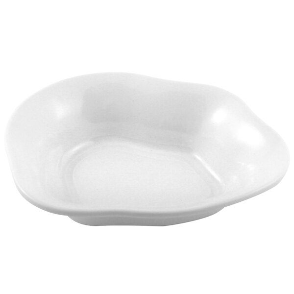 A white Elite Global Solutions melamine bowl with a curved, irregular edge.