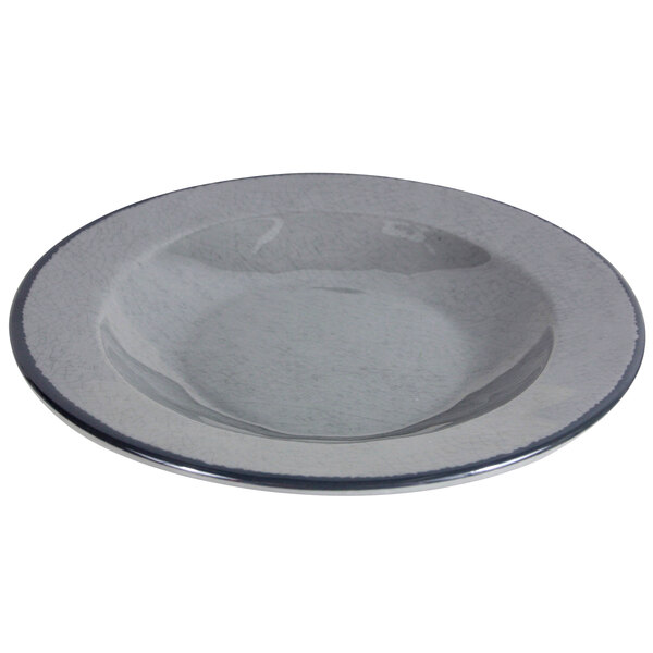 A gray Elite Global Solutions Mojave crackle melamine bowl with a blue rim.