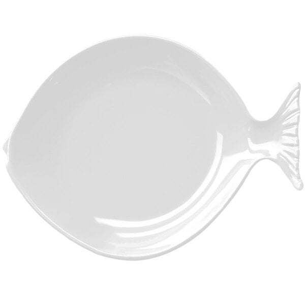 A white melamine fish-shaped plate.