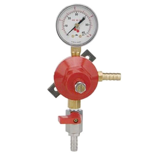 A close-up of a Micro Matic CO2 low-pressure regulator with a red and silver gas pressure gauge.