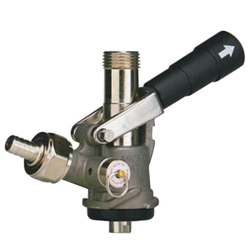 A Micro Matic "S" system beer keg coupler with a black lever handle and stainless steel probe.