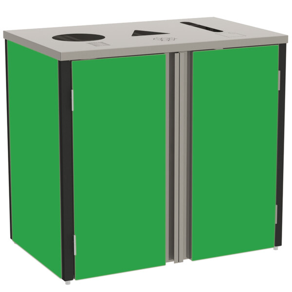 A green and black Lakeside stainless steel rectangular refuse/recycle/paper station with two doors.