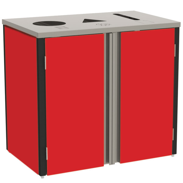 A Lakeside stainless steel rectangular refuse/recycle/paper station with red and black accents.