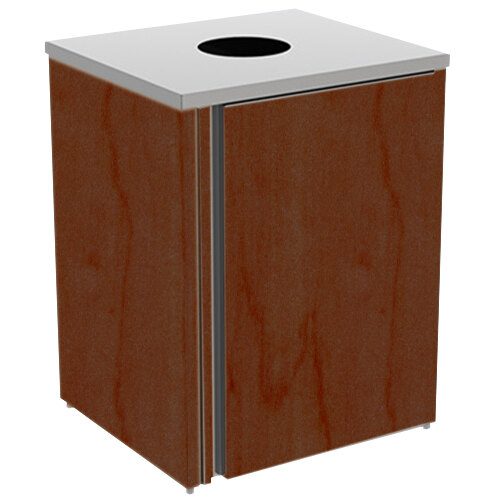 A rectangular stainless steel refuse station with a red maple wood top and metal lid.