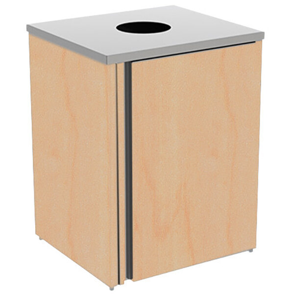 A rectangular stainless steel refuse station with a hard rock maple laminate finish on top.