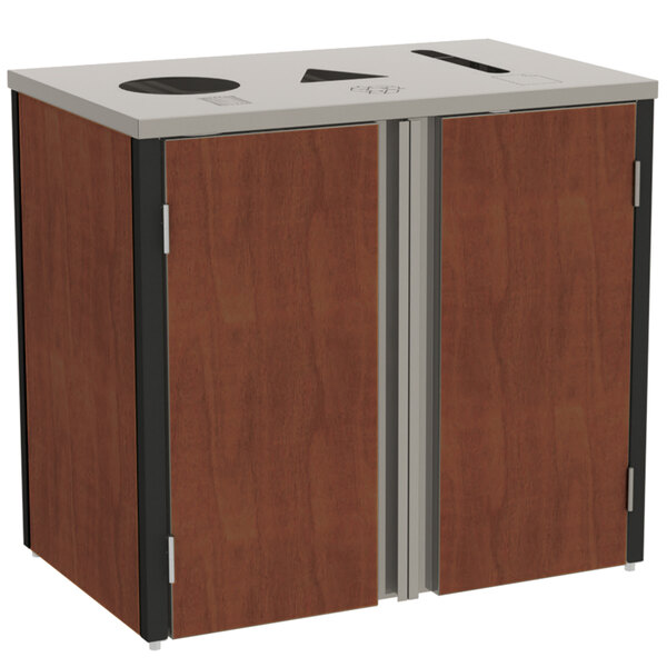 A rectangular stainless steel refuse/recycle/paper station with a red maple top and doors.