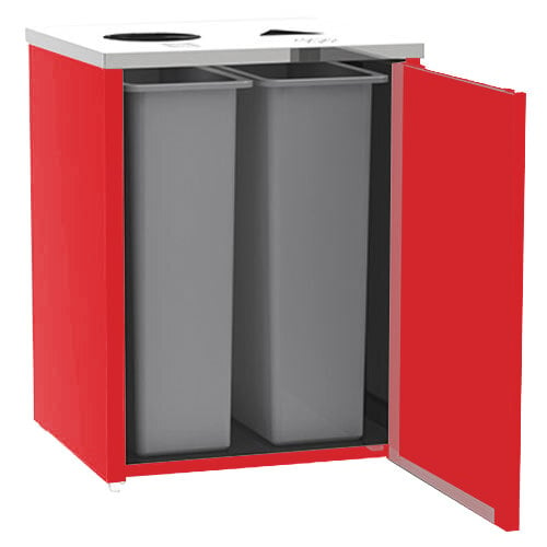A red rectangular Lakeside refuse/recycling station with white laminate borders and black edges.