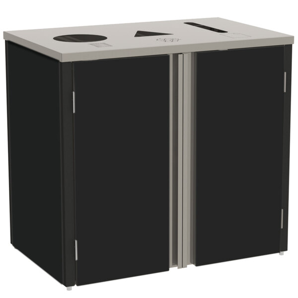 A black and silver Lakeside stainless steel rectangular refuse/recycle/paper station with two black doors.