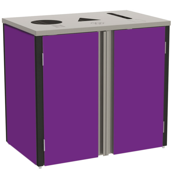 A white rectangular Lakeside refuse/recycle/paper station with purple accents and top access.
