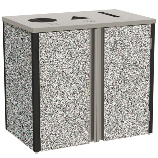 A stainless steel rectangular refuse/recycle/paper station with gray doors.