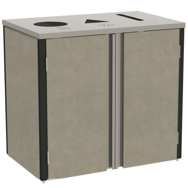 A Lakeside stainless steel rectangular refuse, recycle, and paper station with beige suede laminate doors and a lid.