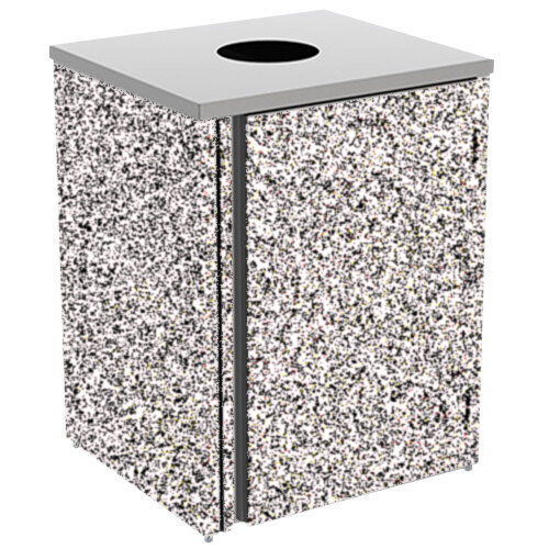 A rectangular stainless steel refuse station with a gray and white speckled top.