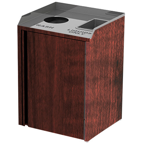 A rectangular Lakeside refuse station with a red maple wood finish and metal lid.