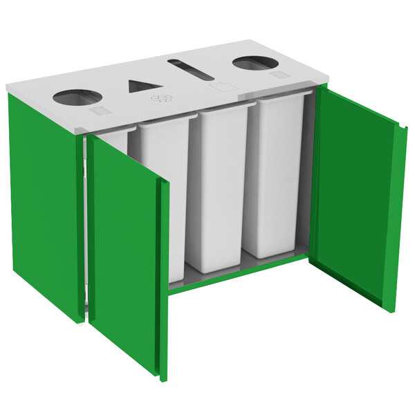 A green and white rectangular Lakeside refuse station with top access and green laminate finish.
