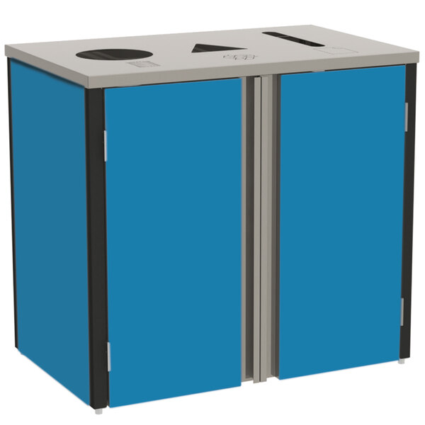 A Lakeside blue and black stainless steel rectangular refuse/recycle/paper station with two doors.