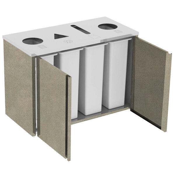 A Lakeside stainless steel rectangular refuse station with top access and beige laminate finish containing two compartments.